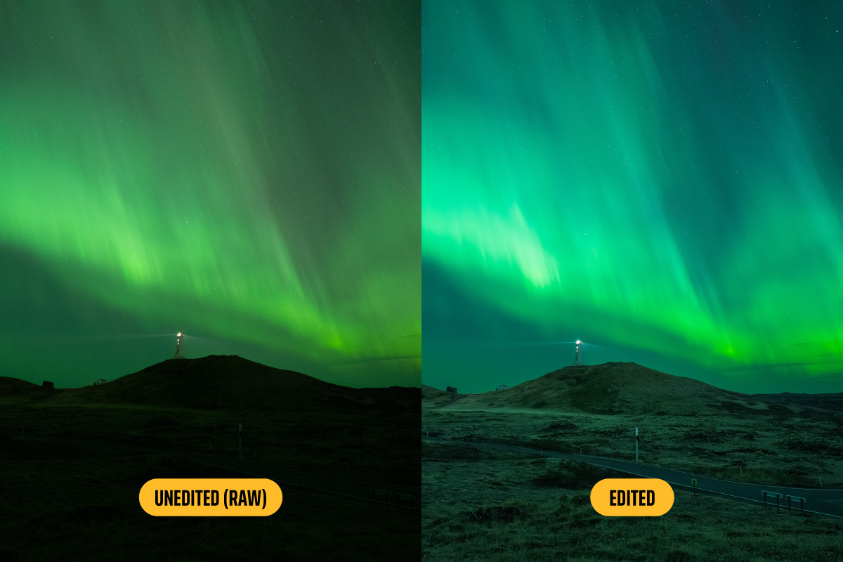 Before and after aurora edit showing improved color and reduced noise.