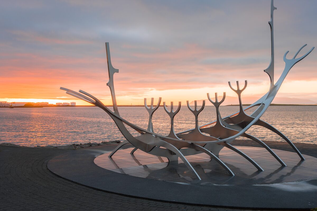 Sun Voyager sculpture at sunset in Reykjavik.
