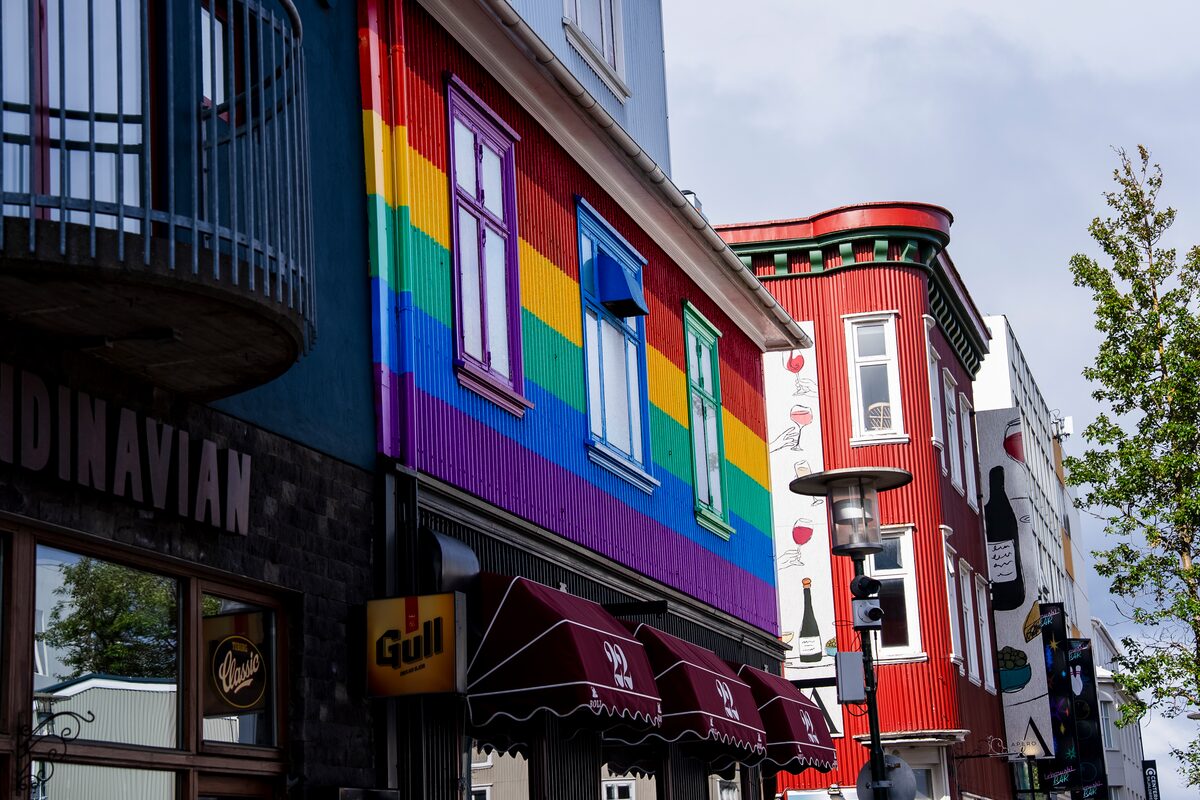 Rainbow-painted building on Laugavegur Street in downtown Reykjavik. 