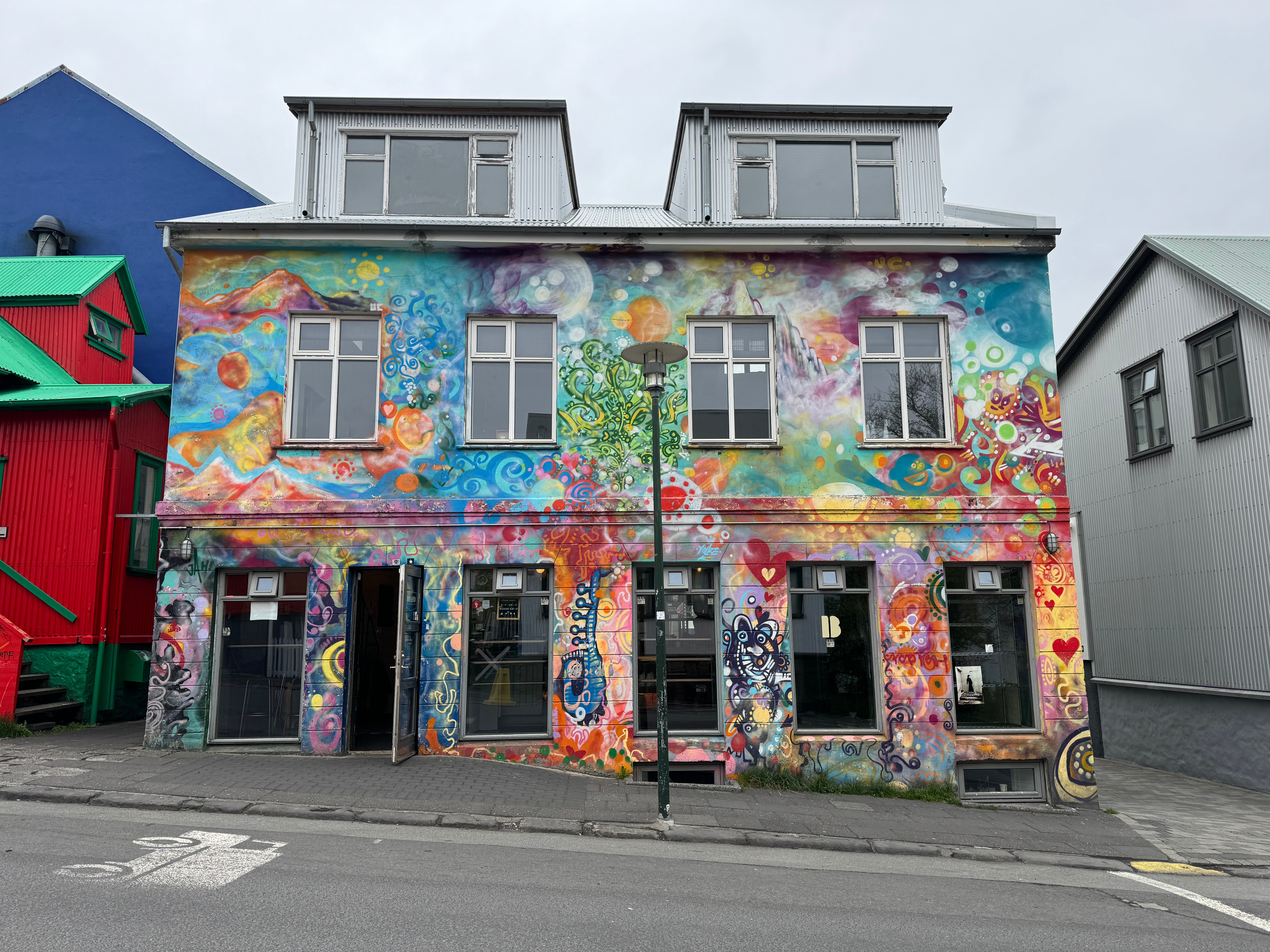 Mural-covered Brauð & co. bakery on Frakkastígur Street in Reykjavik.
