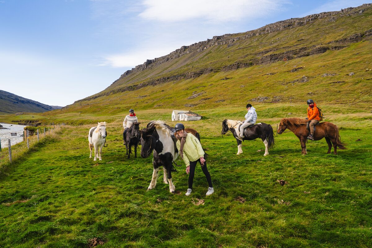 Riders with Icelandic horses in a green valley in Iceland, with a guide and mountains in the background.