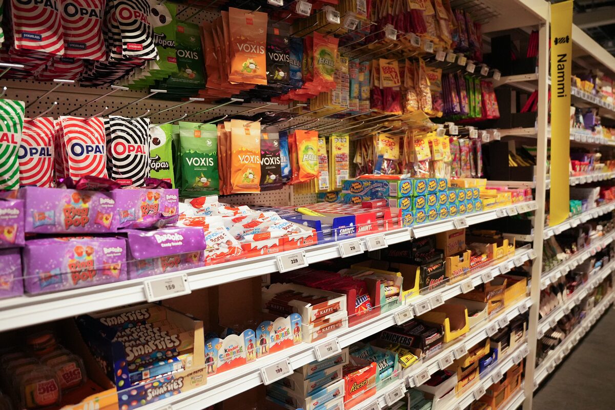 Colorful candy aisle in an Icelandic supermarket with Opal, Voxís, and other local brands on display.