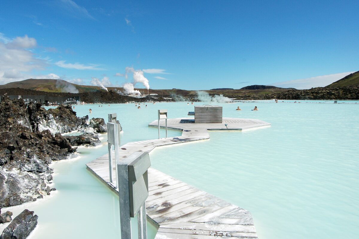 Milky turquoise waters of the Blue Lagoon geothermal spa on the Reykjanes Peninsula, Iceland.