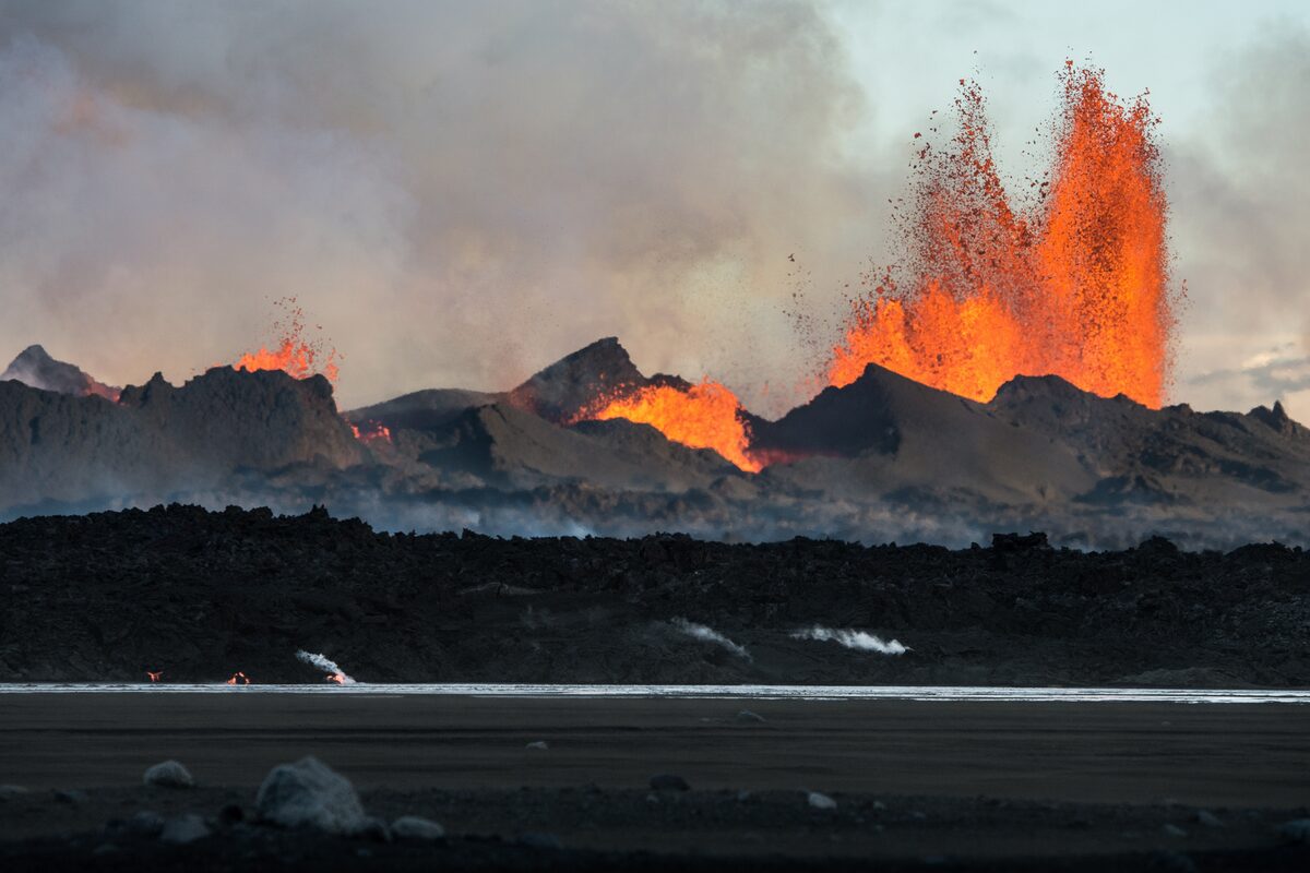 Lava fountains erupting from the Holuhraun fissures during the 2014 Bárðarbunga eruption, Central Highlands, Iceland.