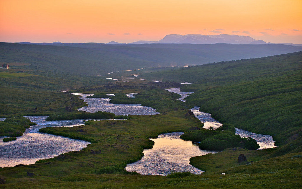 Laxá river curving through Laxárdalur valley on the approach to Lake Mývatn.