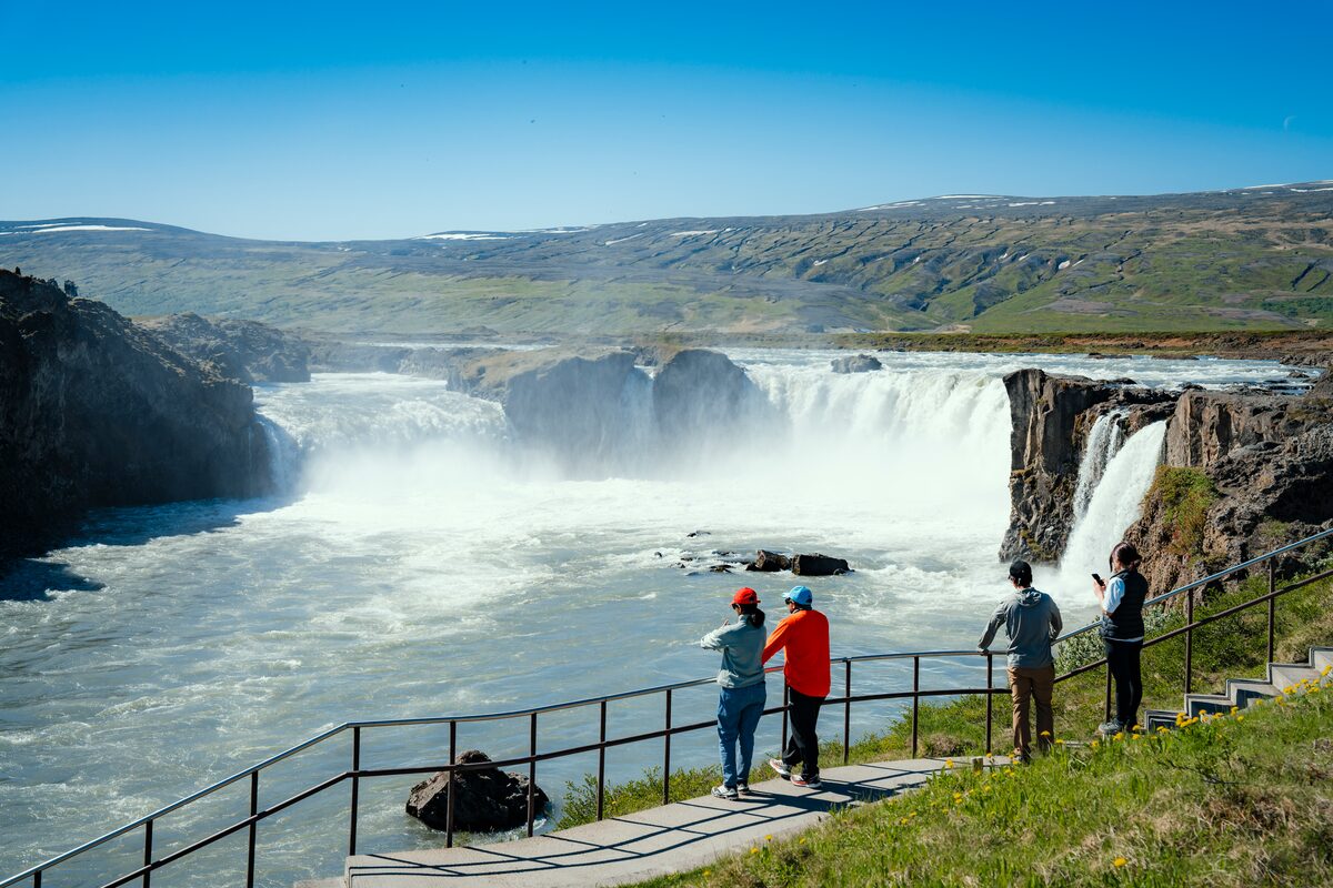 Goðafoss waterfall in North Iceland, viewed from the east bank with the horseshoe cascade in full frame.