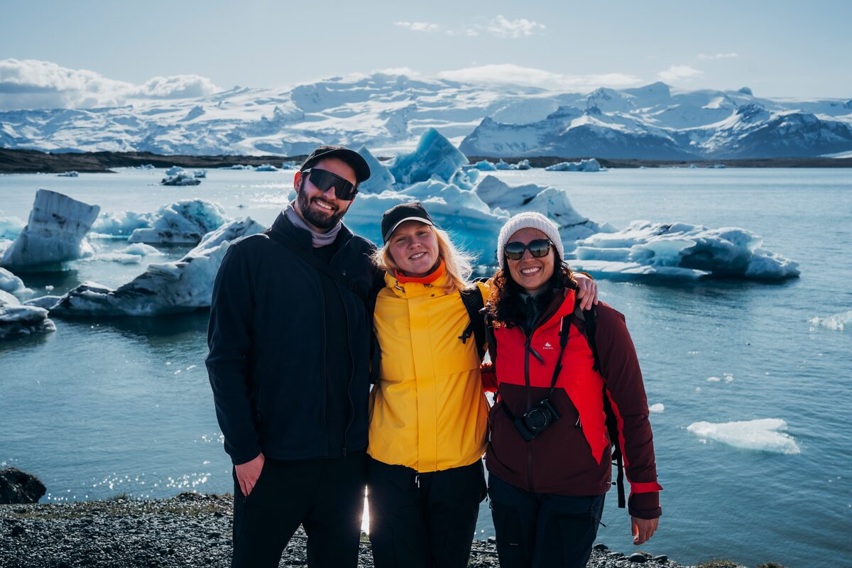 Arctic Adventures FAM trip group posing at Jokulsarlon.