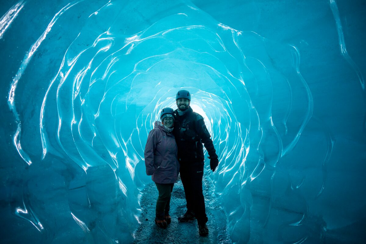 Arctic Adventures FAM trip inside blue ice cave.