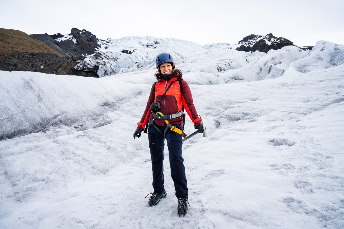 Female from Arctic Adventures FAM trip at Vatnajokull glacier.