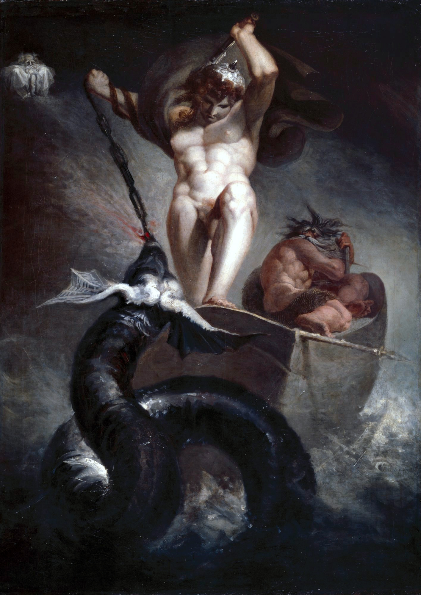 Painting of Thor in a small boat raising his hammer over the rising Midgard Serpent.