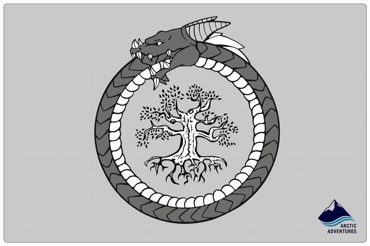 Jörmungandr biting his tail to form a ring around a tree with roots and branches.