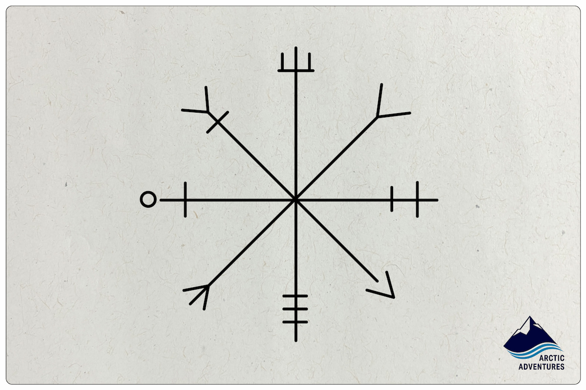 Illustration of the Vegvísir, the Icelandic wayfinder stave, on a plain background.