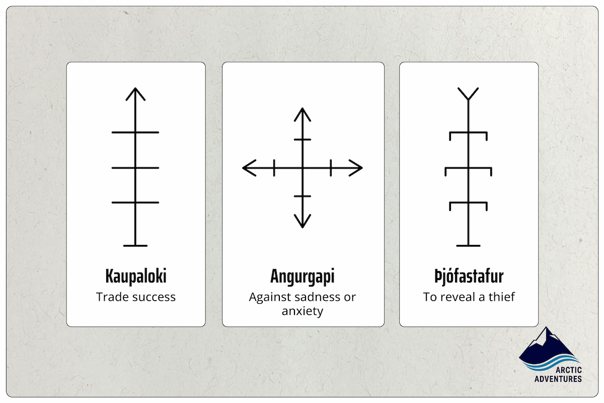 Illustration of three Icelandic staves side by side, labeled Kaupaloki, Angurgapi, and Þjófastafur.