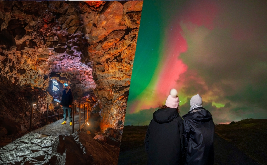 Split image of visitor in Raufarhólshellir lava tube and two travelers watching pink green aurora