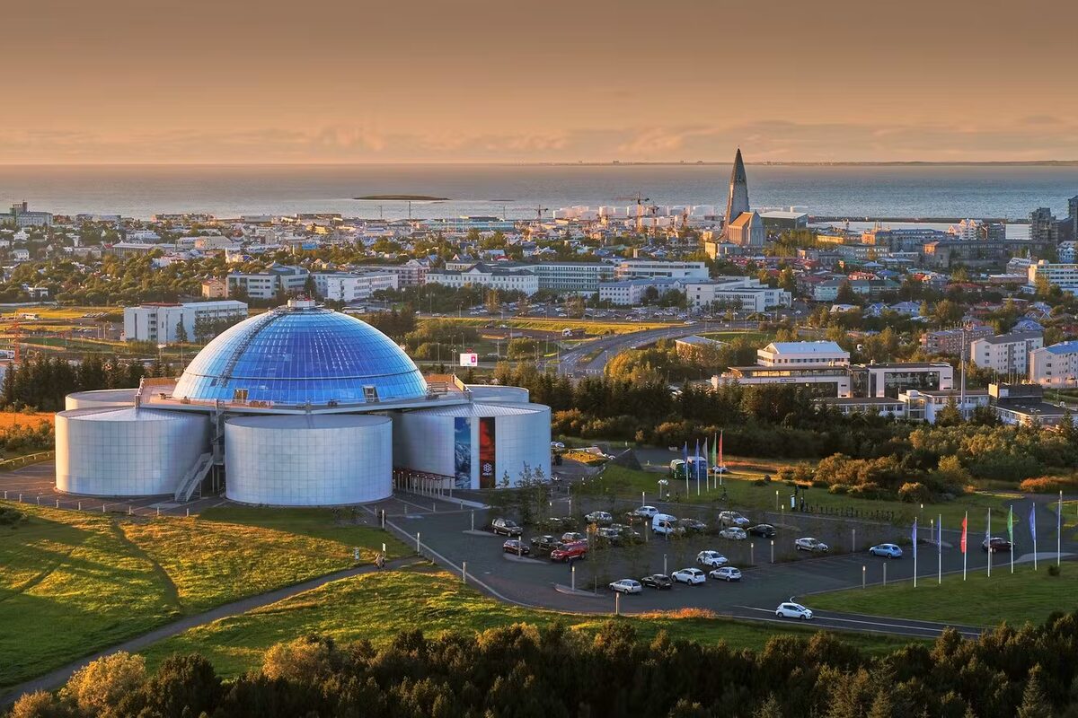 Perlan Museum Exterior With Reykjavik City Panorama in Iceland