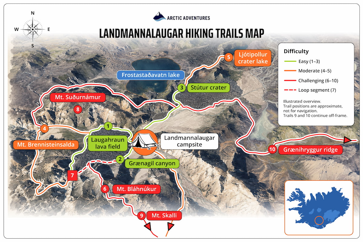 Illustrated trail map of Landmannalaugar with 10 numbered hiking routes color-coded by difficulty.