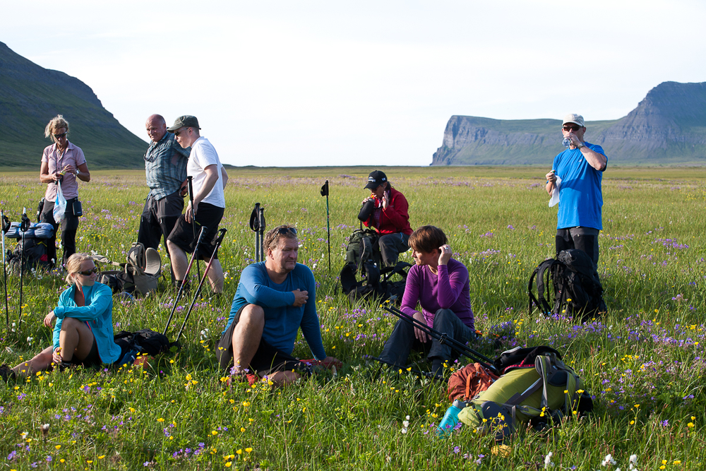 Hikers Relaxing In A Grass Field in Iceland