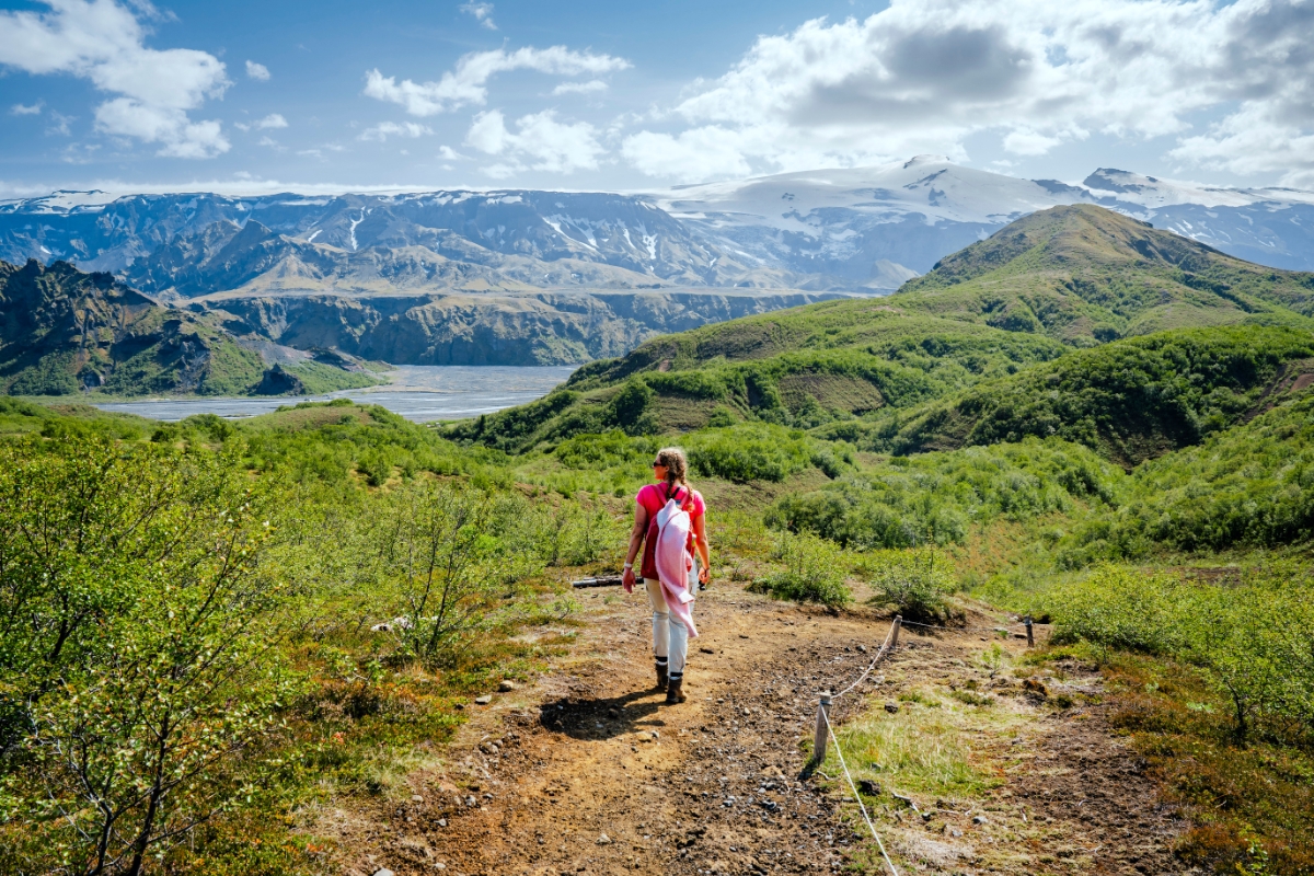 Hiker on a green valley trail in Þórsmörk with a braided river and glacier-capped peaks.