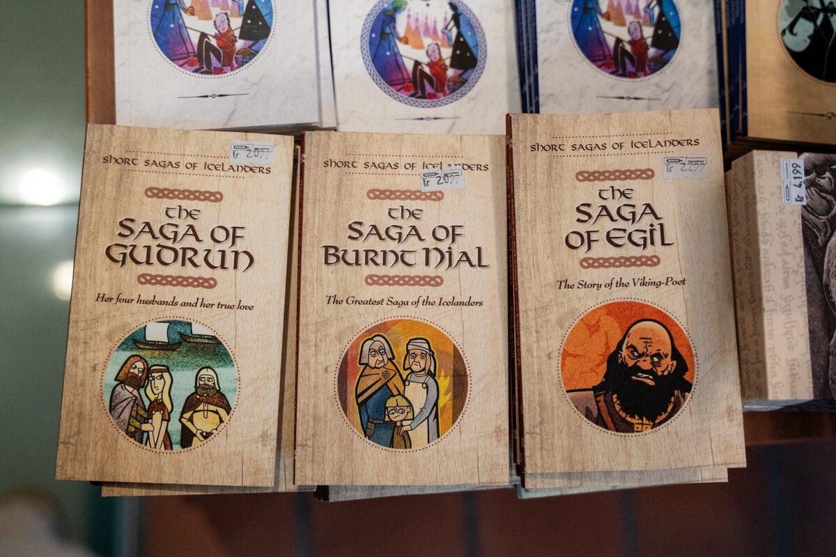 Three illustrated Short Sagas of Icelanders books, including The Saga of Burnt Njal, on a shop display.