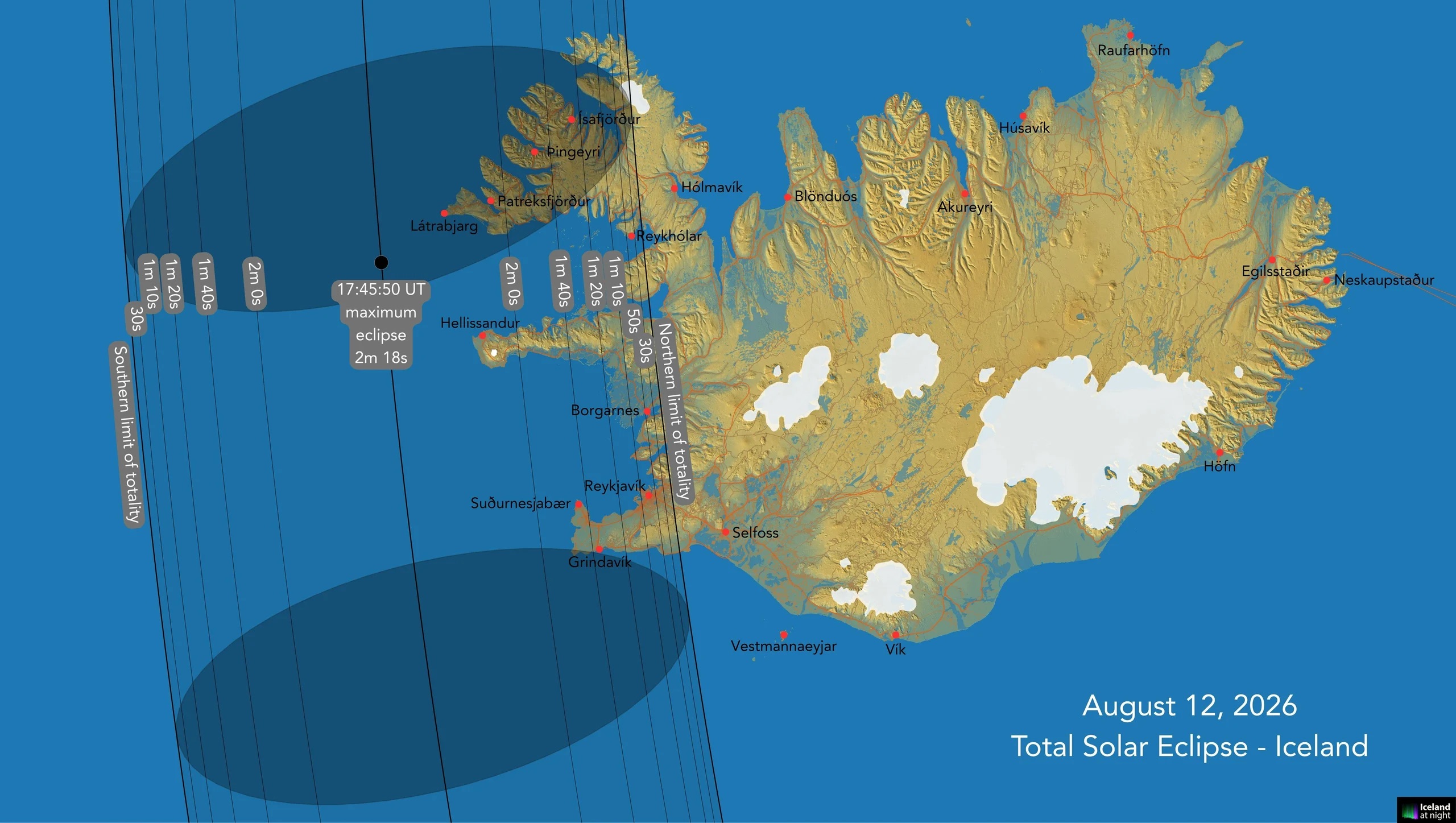 Map of Iceland showing the August 12, 2026, path of totality across the Westfjords, Snæfellsnes, Reykjavík, and Reykjanes.