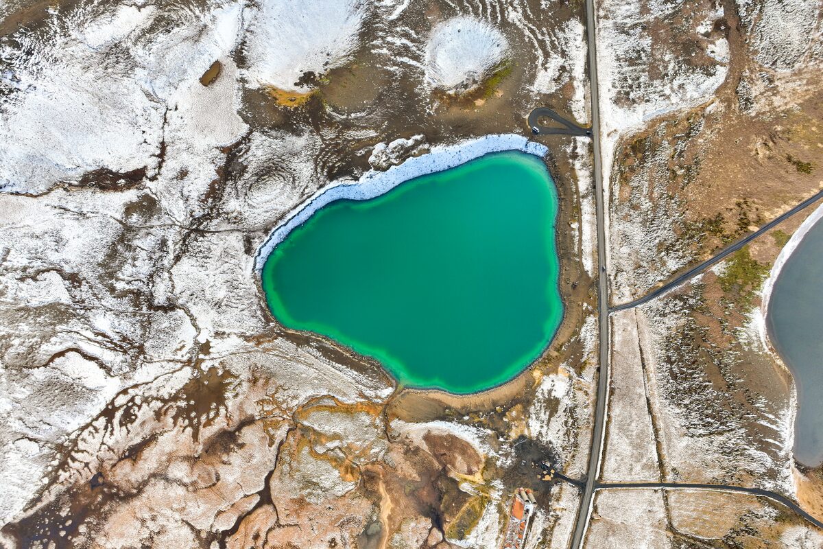 Graenavatn Lake From Above With Snowy Landscapes in Iceland