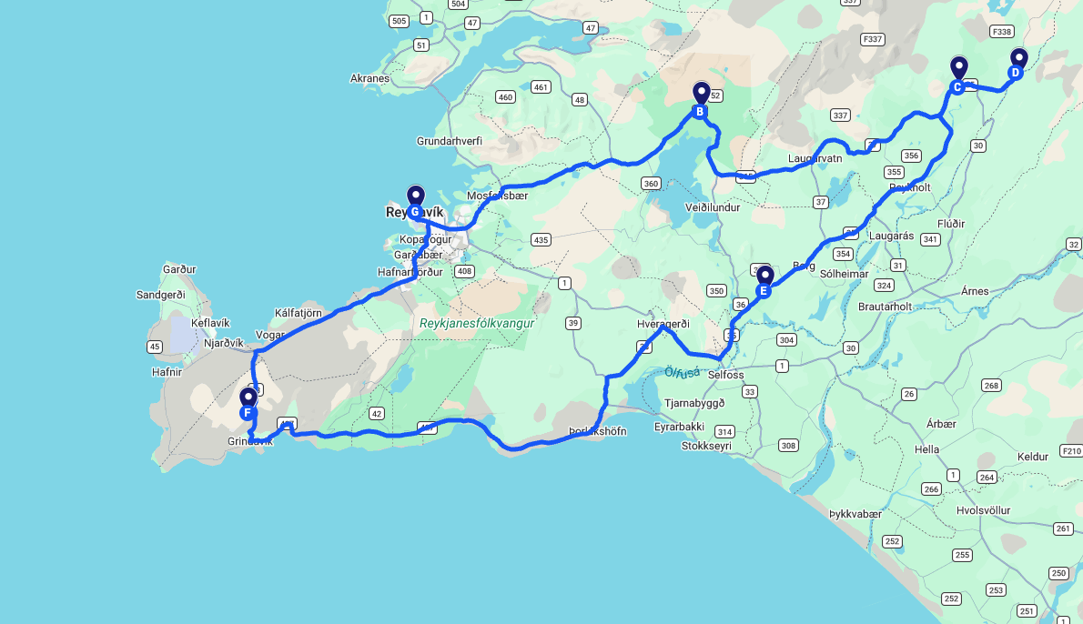 Golden Circle And Blue Lagoon Tour Route in Iceland