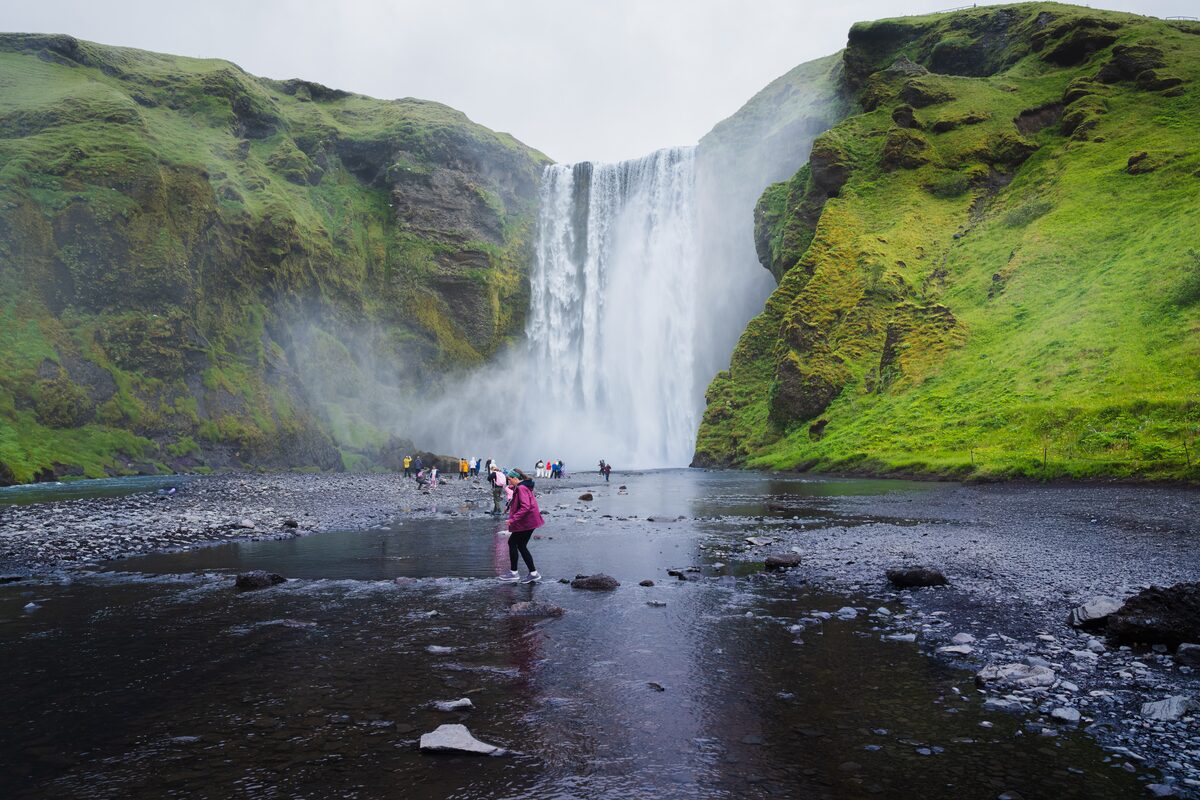 Tourists In Front Of Skogafoss Waterfall in Iceland