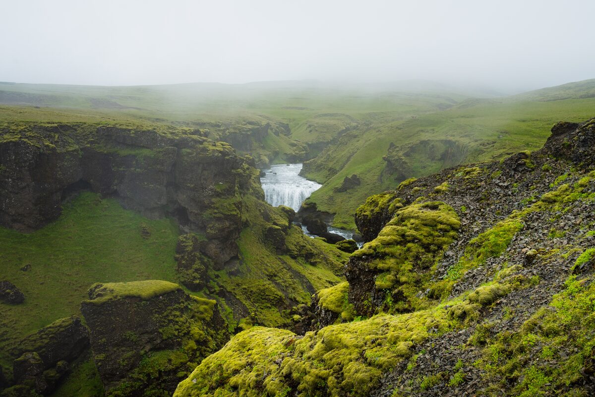The Skógá river running through a canyon with mossy basalt walls in South Iceland.