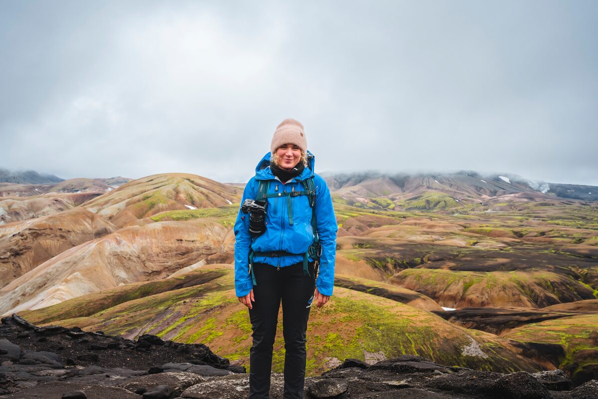 Woman In A Blue Jacket At Landmannalaugar in Iceland