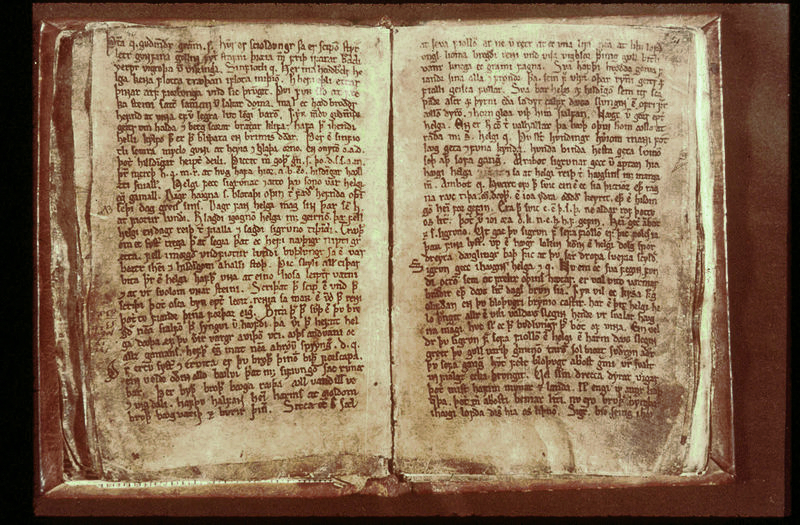 Open vellum pages of the Codex Regius manuscript covered in dense Old Norse handwriting.