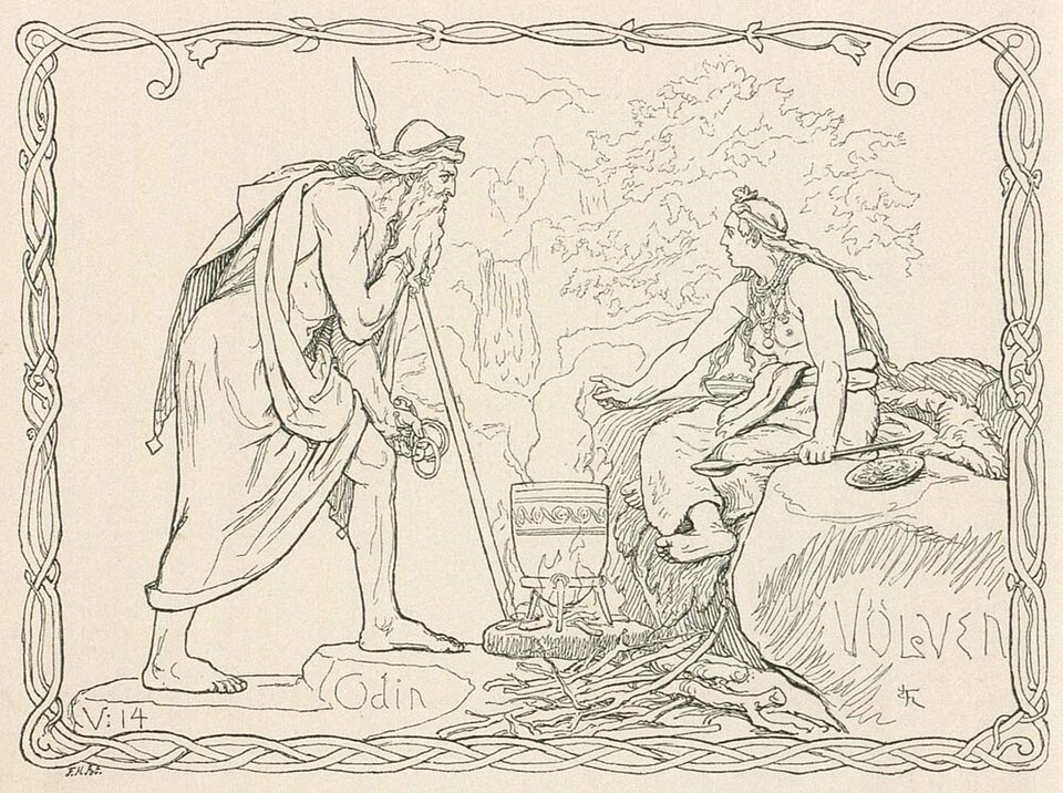 Odin leans on his spear facing a seated seeress beside a steaming kettle.