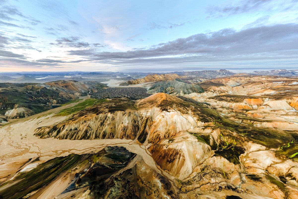 Aerial view of the multicolored rhyolite mountains at Landmannalaugar in Iceland's Highlands.