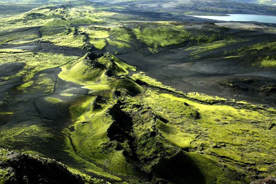 An aerial view of the moss-covered Laki craters stretching across Iceland's Highlands.