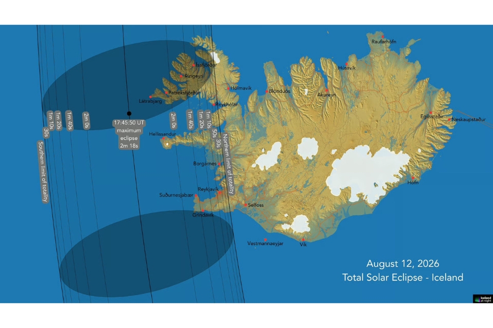Map of the August 12, 2026 total solar eclipse path of totality over western Iceland.