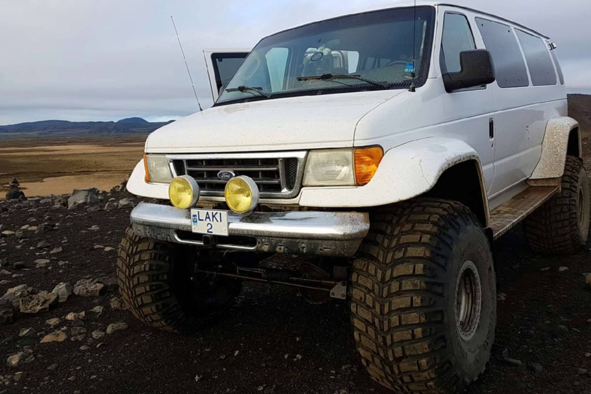 Close up view of white Secret Island super jeep.