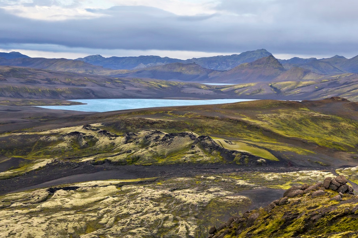 Aerial views of mountains surrounding Laki Crater.