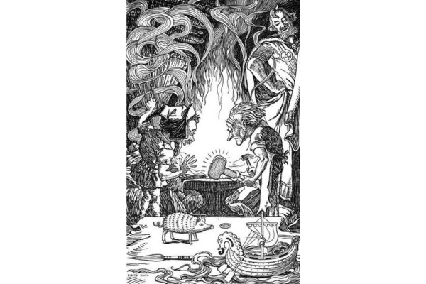 Smiths at an anvil shaping a glowing hammer head, with a boar and a longship in the foreground. 