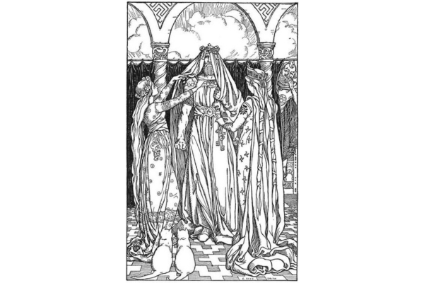 A veiled bride in a long gown between two attendants, with two cats on the tiled floor. 