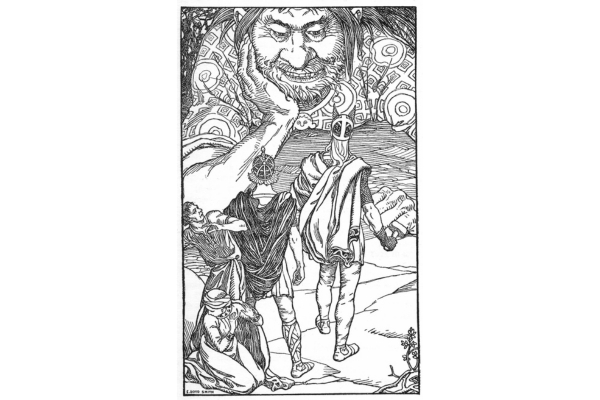 A huge bearded giant's face looms above a helmeted figure and several smaller companions.