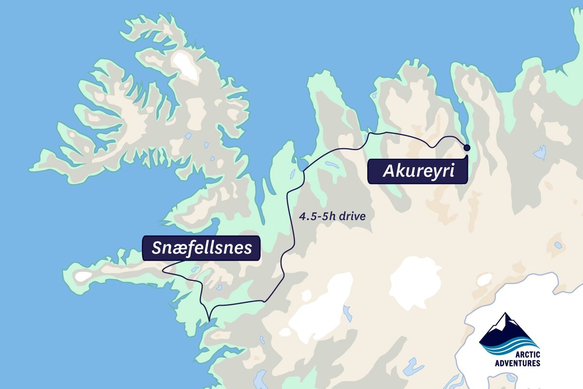 Map of Iceland with a driving route from Akureyri west to Snæfellsnes, marked 4.5 to 5 hours.