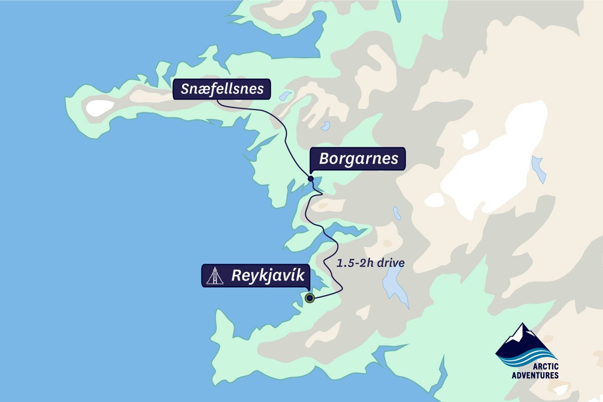 Map of west Iceland showing the Reykjavík to Snæfellsnes route via Borgarnes, 1.5 to 2 hours.