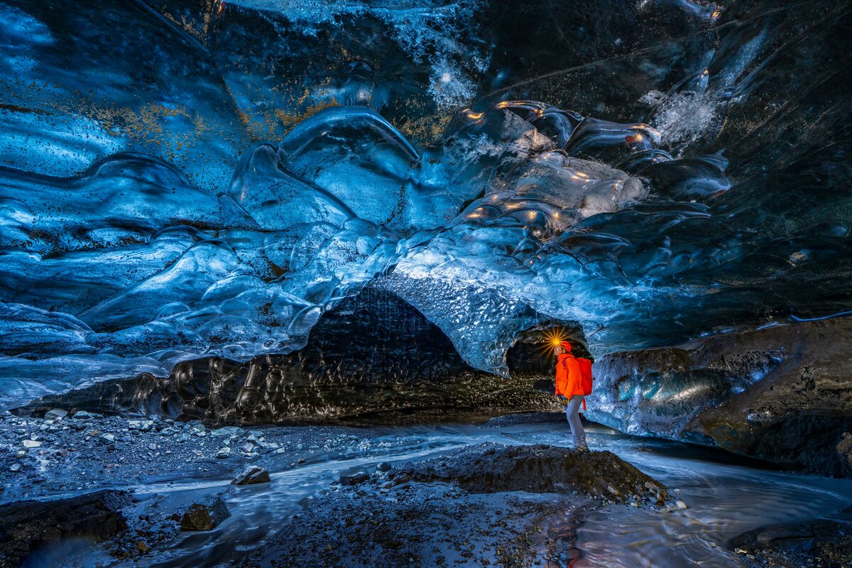 Close up view of inside blue crystal ice cave in Iceland.