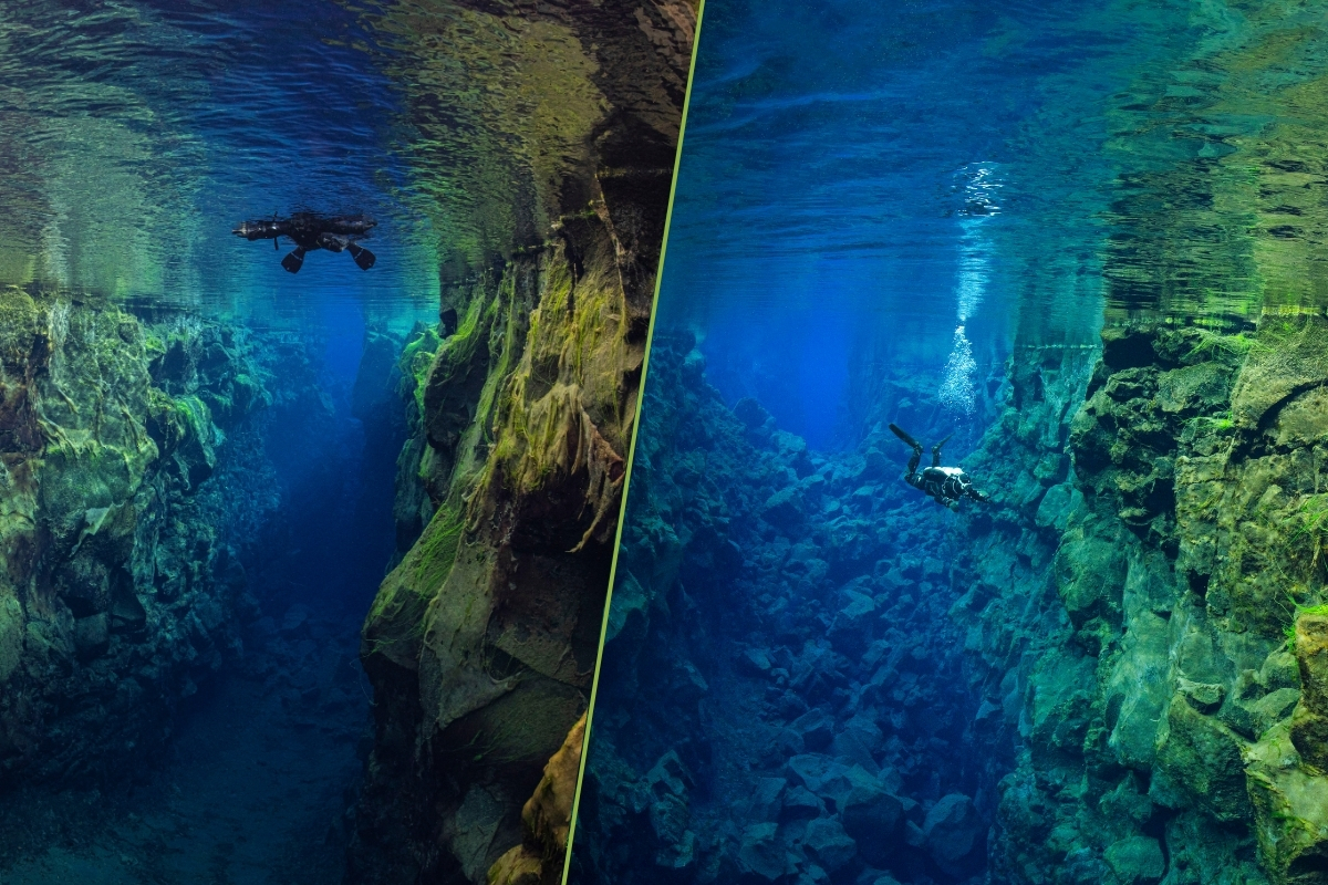 Split image showing a snorkeler at the surface of Silfra and a diver deeper in the fissure