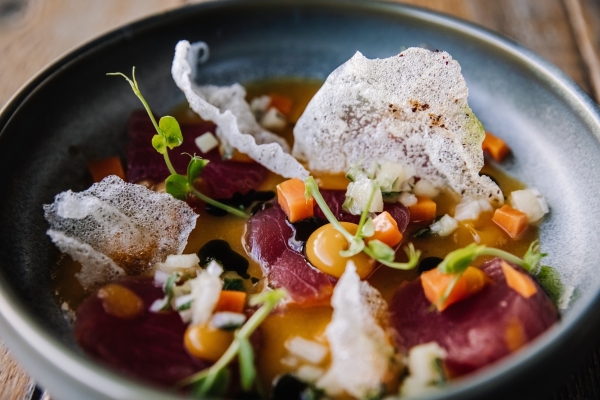 Tuna tiradito at Kopar in Reykjavík: cured tuna with rice crackers and microgreens in a dark bowl.