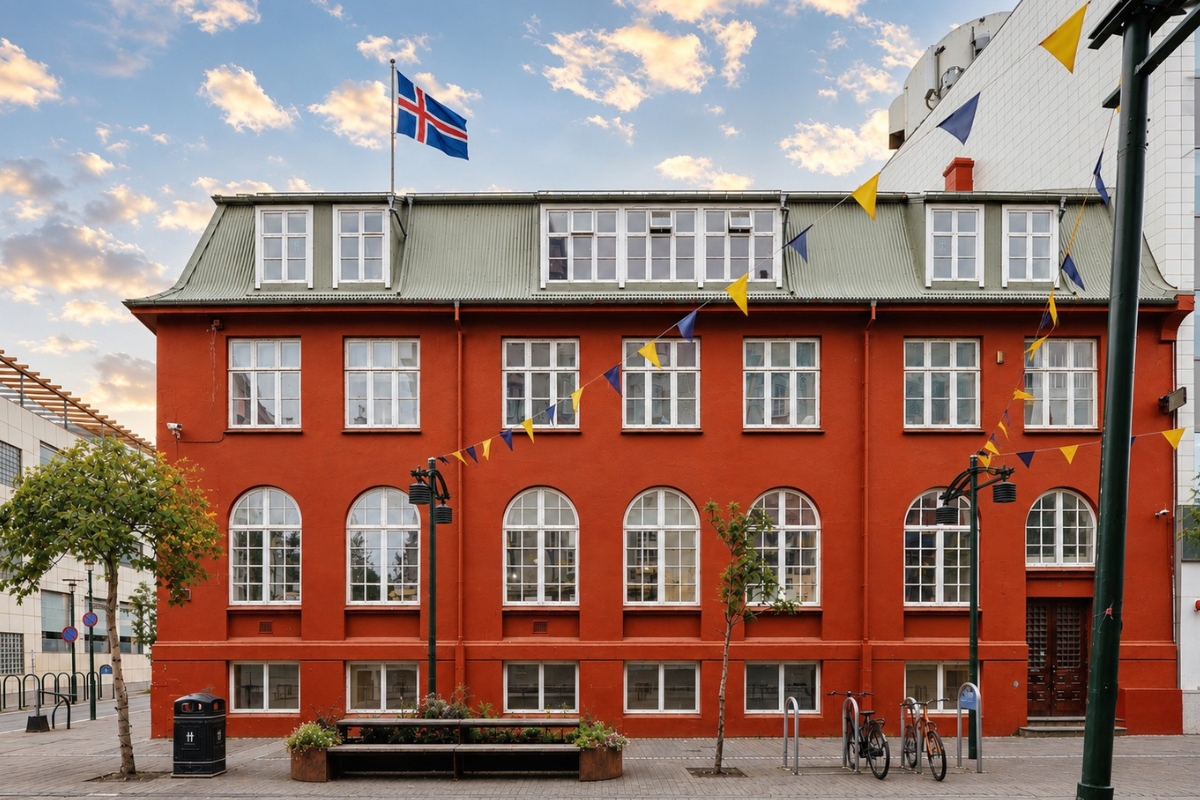 The red former post office building housing Pósthús Food Hall in downtown Reykjavík.