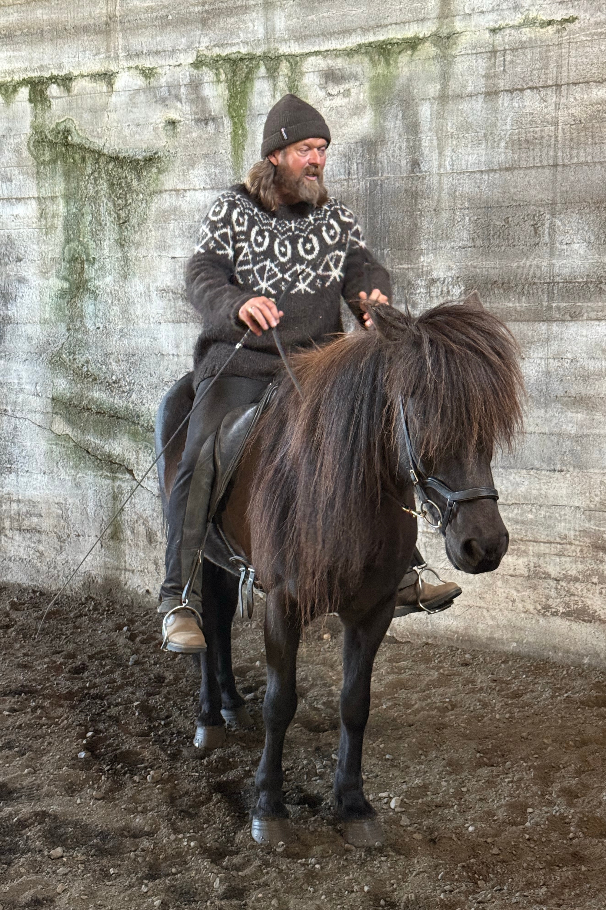 Man in a patterned Icelandic wool sweater riding a dark Icelandic horse beside a concrete wall.