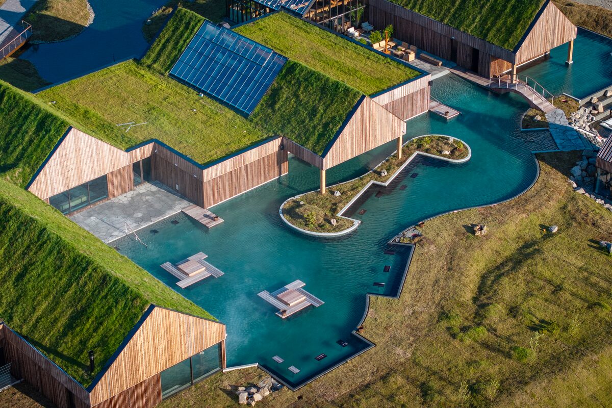 Aerial view of Reykjabod hot springs in summer.