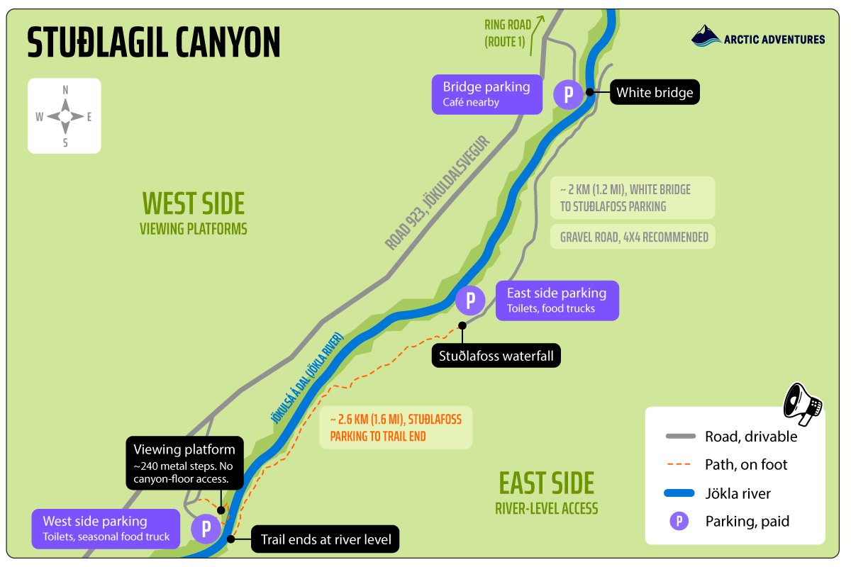 Map of Studlagil Canyon showing east and west parking areas and trails