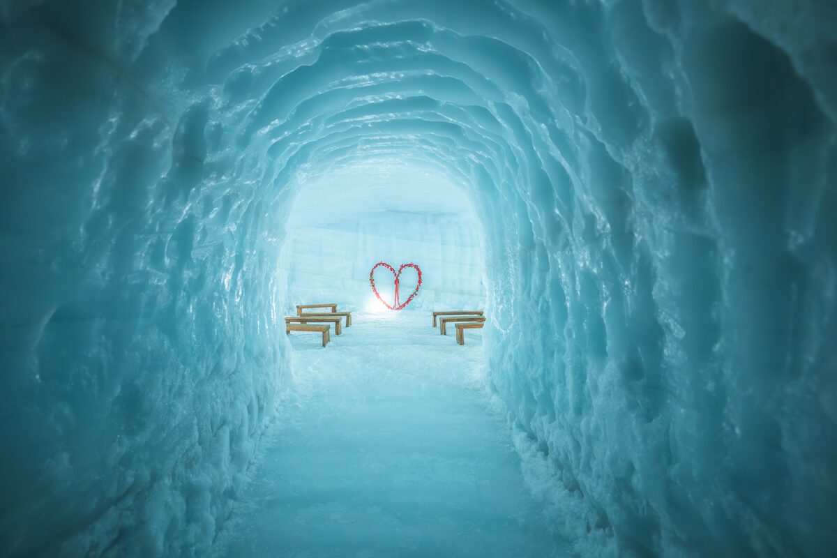 Chapel With A Red Heart At Into The Glacier in Iceland