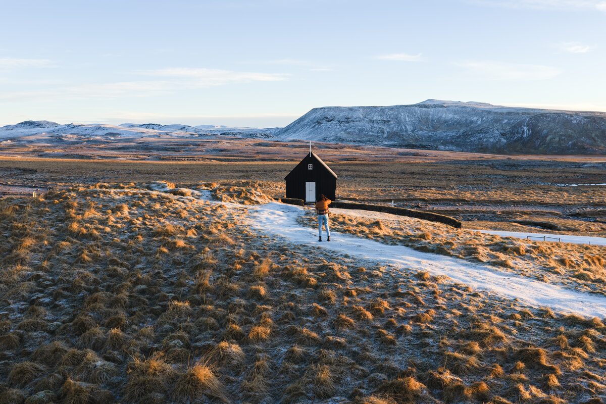 Reykjanes Lava Fields and black church in winter